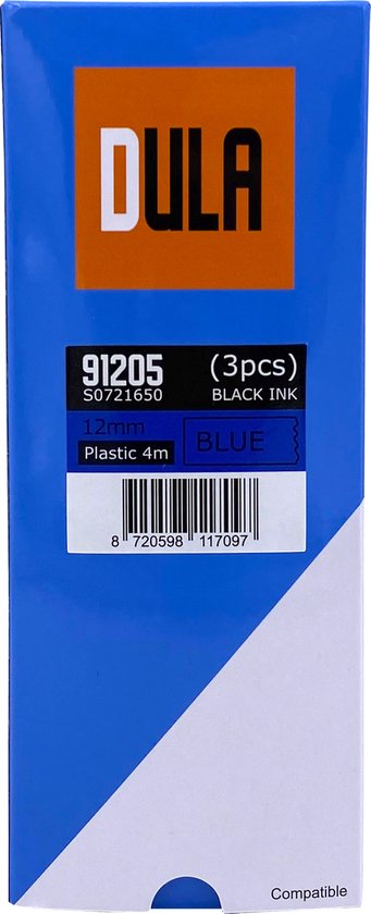 Een blauwe DULA verpakking met oranje logo. Tekst op doos: 91205, S0721650, (3pcs) BLACK INK, 12mm Plastic 4m, BLUE.