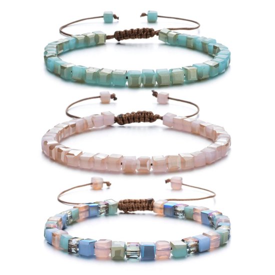 Sorprese armband - Ibiza Beads - set van 3 - armband dames - vierkante kralen - verstelbaar - cadeau - Model Q