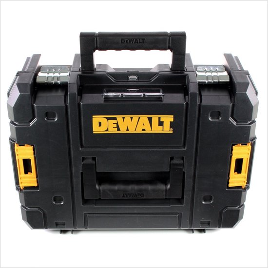 Zwarte DeWalt TSTAK opbergkoffer met gele accenten en draaggreep.