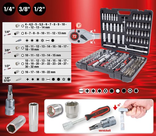 Gereedschapskoffer met rode en zilverkleurige doppen, ratel en bitjes. Links de maten 1/4", 3/8", 1/2".