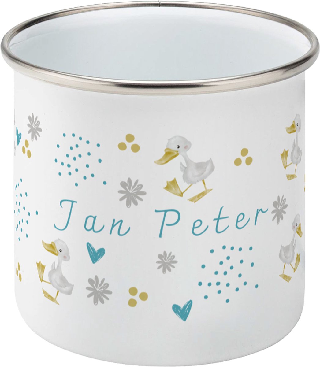 Gepersonaliseerde Emaille Naam Mok Cadeau Eendjes - Baby Kind Jongen