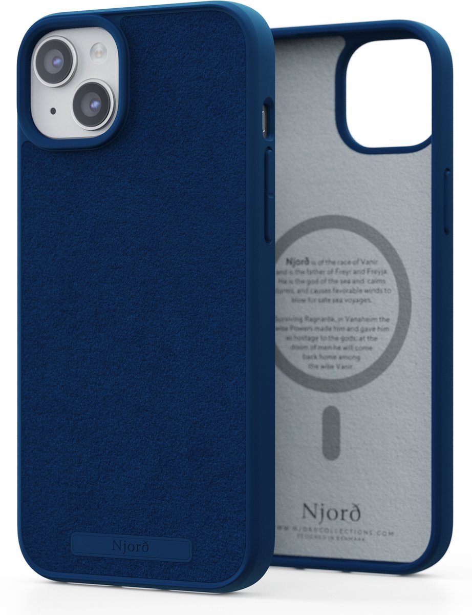 Njord Collections Suede Comfort+ Telefoonhoesje - Geschikt voor iPhone 15 Plus - Gereycled / Duurzaam materiaal - 2M valbescherming - Mag compatibel – Blauw