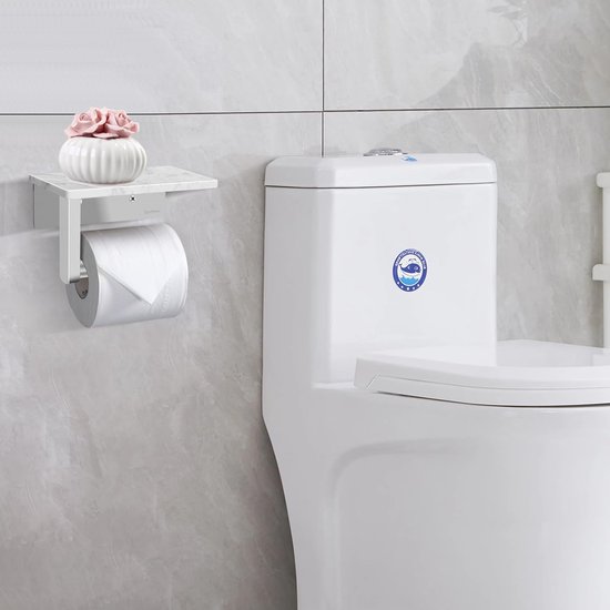 HOIMPRO Gouden roestvrijstalen toiletpapierhouder met natuurlijk marmeren plank, wandgemonteerde papierrolhouder voor badkamer keuken wasruimte slaapkamer (wit