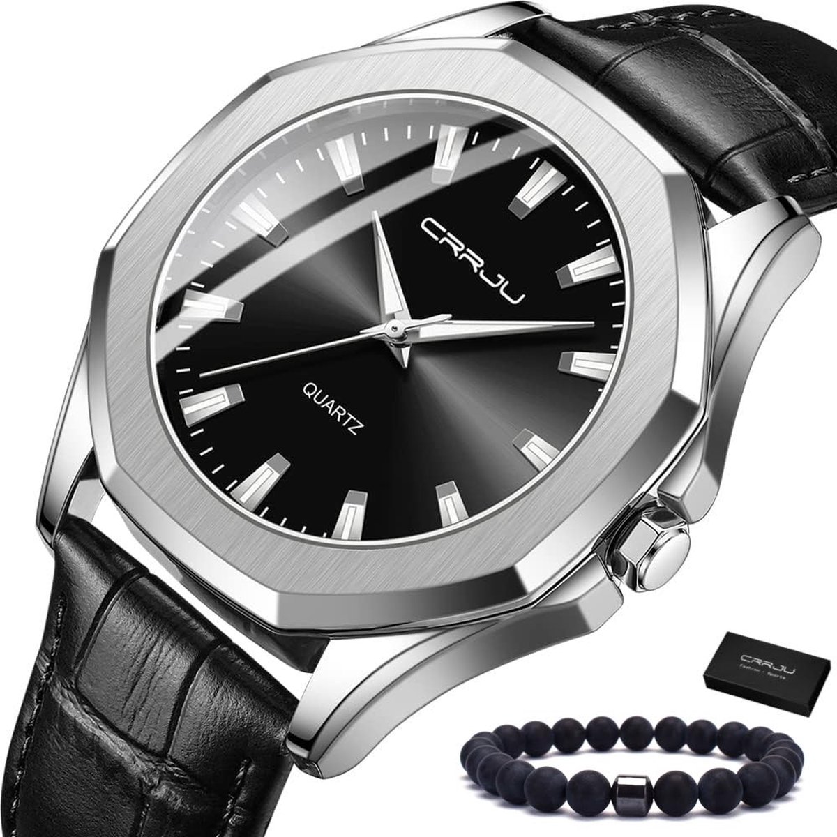 CRRJU® - Horloge Heren - Cadeau voor Man - 42 mm - Zwart Zilver
