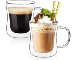Doppelwandige Latte Macchiato Gläser 2x250ml, 2er Set Kaffeetassen Glas aus Borosilikatglas, Kaffeeglas Teegläser mit Henkel für Cappuccino, Latte, Tee, Iced Americano, Milch, Saft, Bier