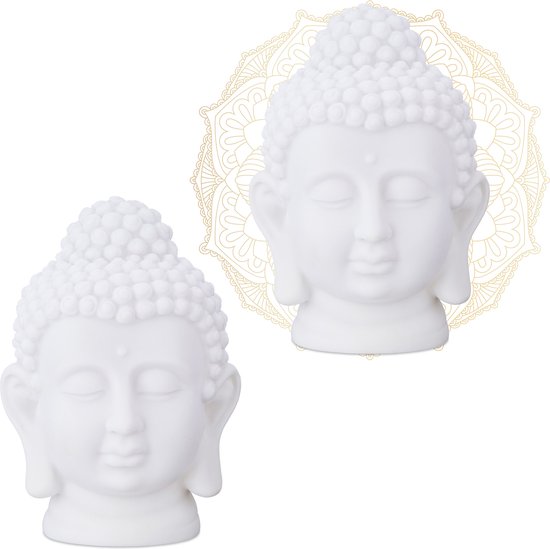 Relaxdays 2x boeddha hoofd - boeddha beeld - 17 cm - zen decoratie - kunststof - wit