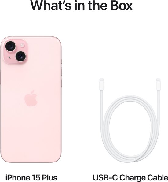 Roze iPhone 15 Plus en USB-C oplaadkabel.