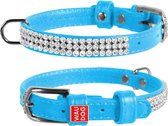 WAUDOG Glamour Halsband / Hondenhalsband - Echt Leder - Blauw met Strass steentjes - XS - Breedte: 12 mm - Nekomtrek: 21 - 29 cm (GELIEVE ALVORENS BESTELLEN OPMETEN)