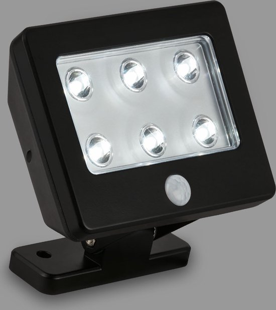 Zwarte vierkante buitenlamp met 6 helder verlichte LED's en een sensor.