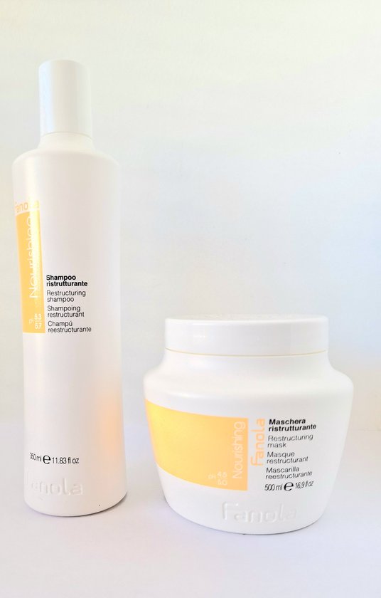 Witte pot met haarmasker en fles shampoo van Fanola, met gele accenten en tekst.