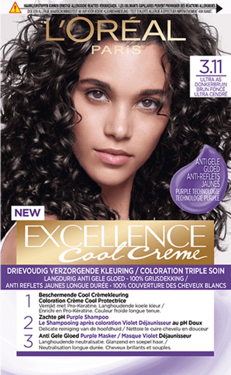 L'Oréal Excellence Cool Crème Permanente Crèmekleuring 3.11 - Ultra As Donkerbruin - 2 x - Voordeelverpakking