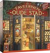 Doos van het bordspel 'De Taveernen van de Oude Stad'. Geïllustreerd met een ingang van een taverne, goudkleurige deuren en glas-in-lood ramen.