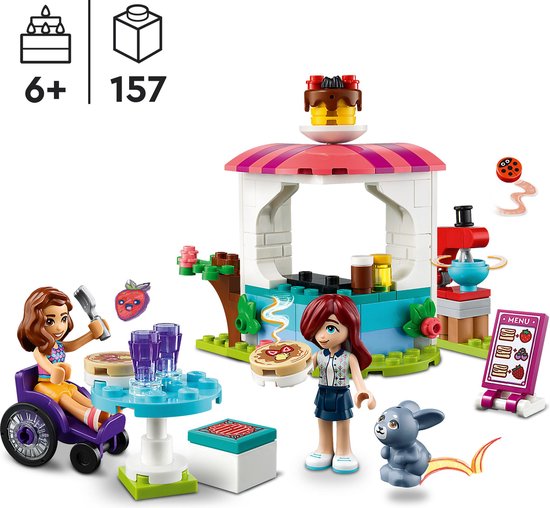 Ensemble de jeu LEGO Friends Crêperie avec mini-poupées, stand, chiffres et pièces.