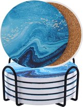 Onderzetters glazen set van 6 glazen absorberend keramiek 10 cm rond oceaan decoratieve onderzetters voor glas, kopjes, vazen, kaarsen en bar (oceaanblauw 6 stuks)