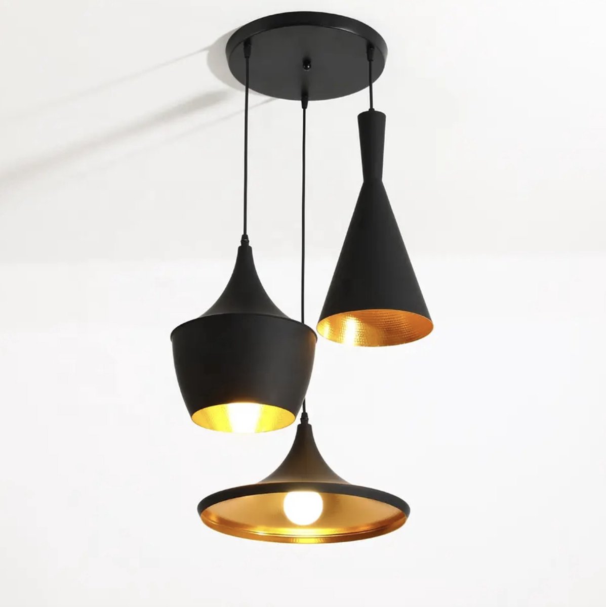 Orion Store - Hanglamp Set van 3 Zwart/Goud - Industrieel Plafondlamp van Metaal met Gouden Binnenlaag - Retro Vintage Design voor Eetkamer/Woonkamer - Exclusief Lichtbron