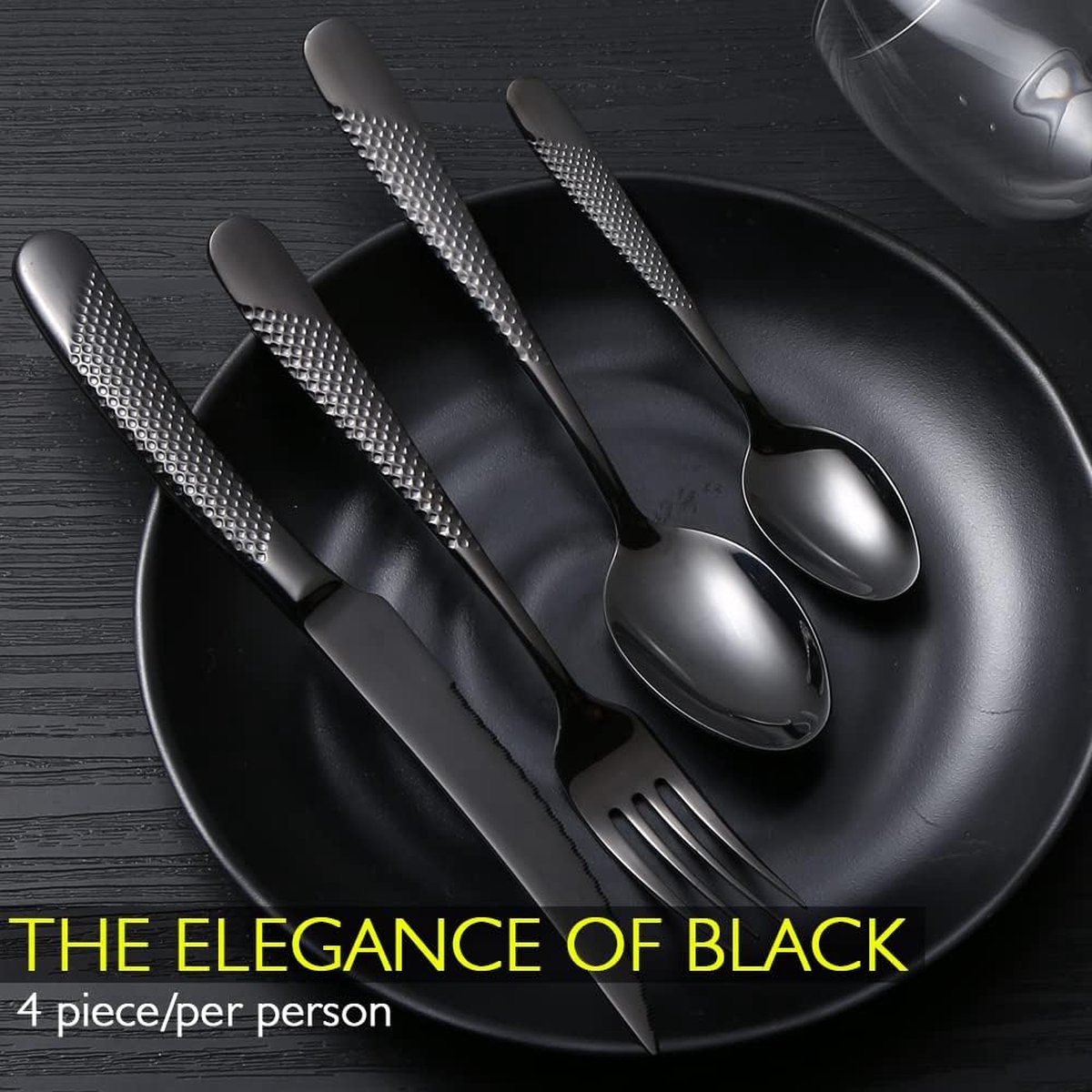 BEWOS 24 pièces Ensemble de couverts noir mat de haute qualité en acier  inoxydable, couverts set fourchettes, couteaux, cuillères, service pour 6,  passe au lave-vaisselle : : Cuisine et Maison
