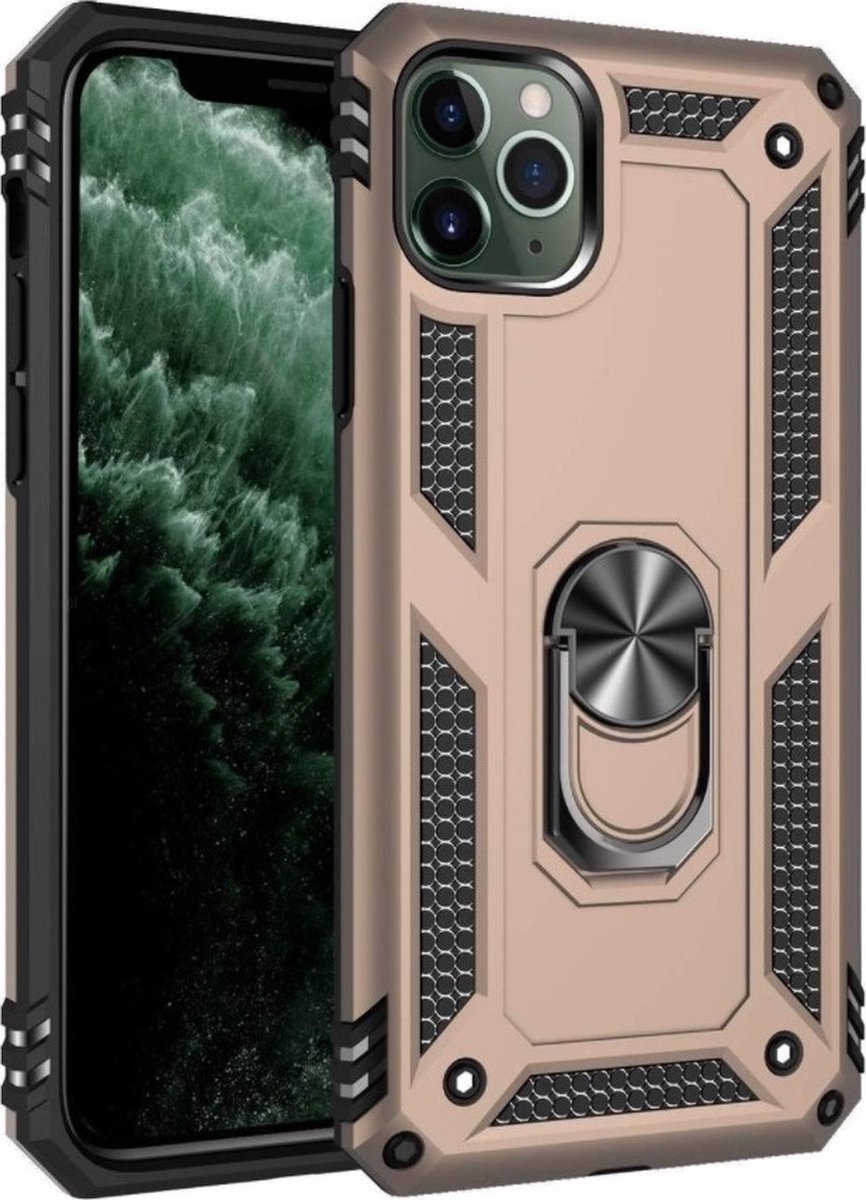LuxeBass Hoesje geschikt voor iPhone 12 Hoesje - Anti-Shock Hybrid Ring Armor goud