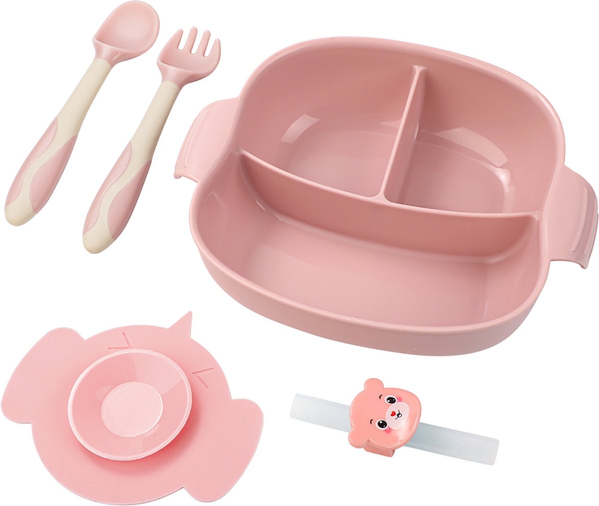 4-delig Plastic Servies Set Roze - Plastic Servies Set - Babyservies - Kinderservies - Baby Bord Zuignap - Onbreekbaar