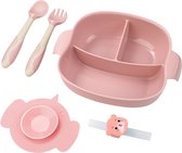 Vaisselle enfant 4 pièces - Assiette compartiments Bébé avec ventouse - Vaisselle pour enfants incassable - Rose