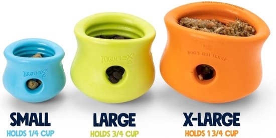 Drie Zogoflex Toppl honden speeltjes in blauw, groen en oranje. Gevuld met hondenvoer.