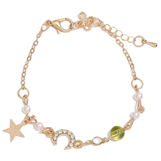 Fako Bijoux® - Dames Armband Ster & Maan - 18cm - Cadeau - Verjaardag - Vrouw - Goudkleurig - Geel