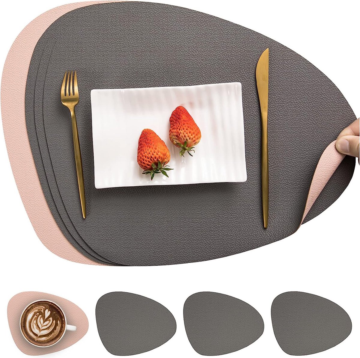 Lederen tafelmatten en onderzetters, Placemat Waterdichte Dubbelzijdige Keuken Plaats Matten Koffiematten Antislip Wasbare Placemats en Coaster Sets 4 (Driehoek Rond, Grijs Roze)