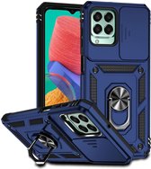Hoesje met Camera Slider Geschikt voor de Samsung Galaxy M33 - Back Cover met Standaard - Uitklapbare Kickstand Ring - Beschermhoes TPU - Magneet voor Auto Houder Blauw