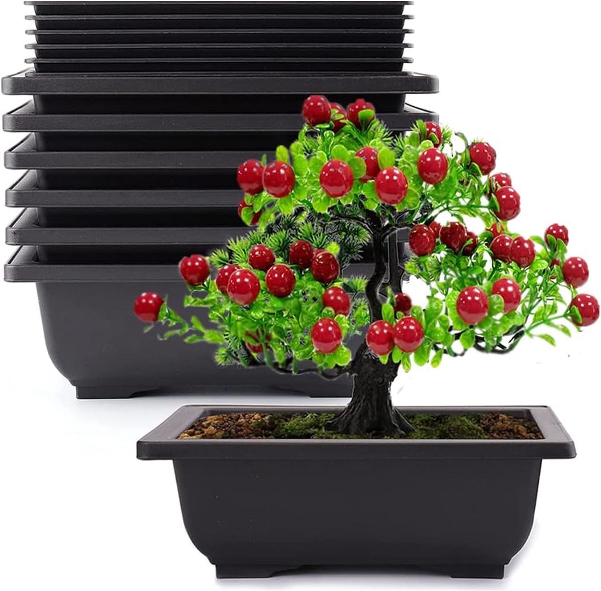 Merkloos Kunststof bonsai training stoofperen met dienbladen set van 6 rechthoekige bloempot schaal voor binnen of tuin kweekpot bloem vetplantenpot container voor kantoor balkon tuin en erf