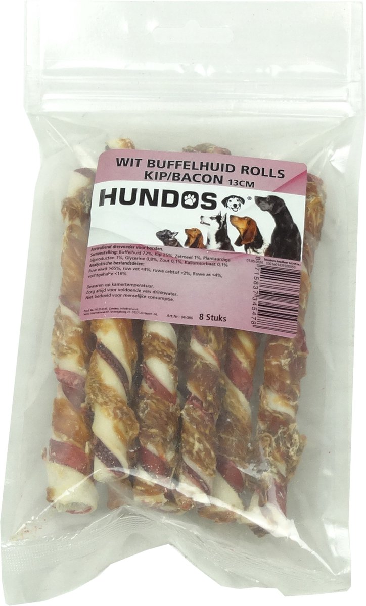 Hundos Kauwbot buffelhuid rollstick wit met kip/bacon 13 cm 8 pcs