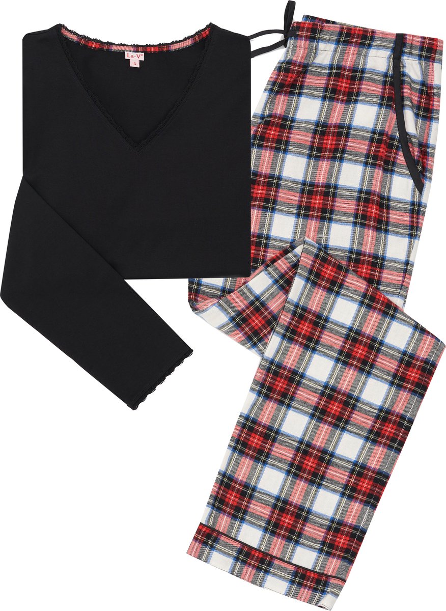 La V La-V pyjamasets voor dames met geruite flanel broek en top met kant zwart/rood