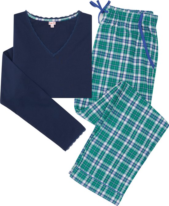 La-V pyjamasets voor dames met geruite flanel broek en top met kant blauw/groen M
