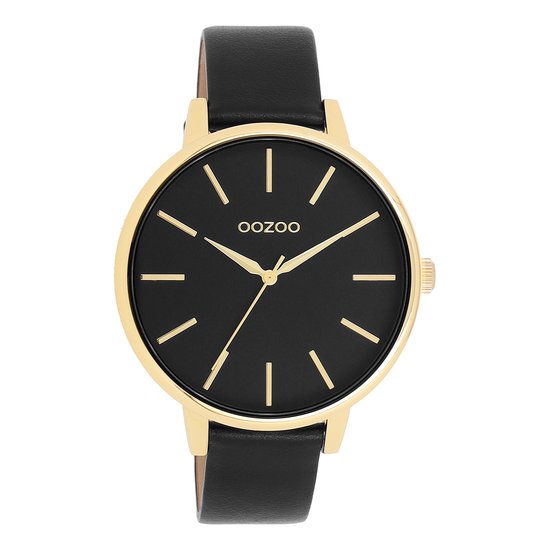 OOZOO Timepieces - Goudkleurige OOZOO horloge met zwarte leren band - C11294