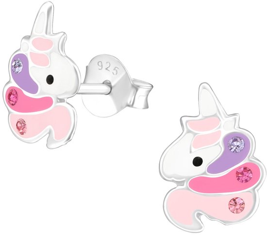 Joy|S - Zilveren eenhoorn oorbellen - 7 x 10 mm - roze paars met kristalletjes - unicorn oorknoppen