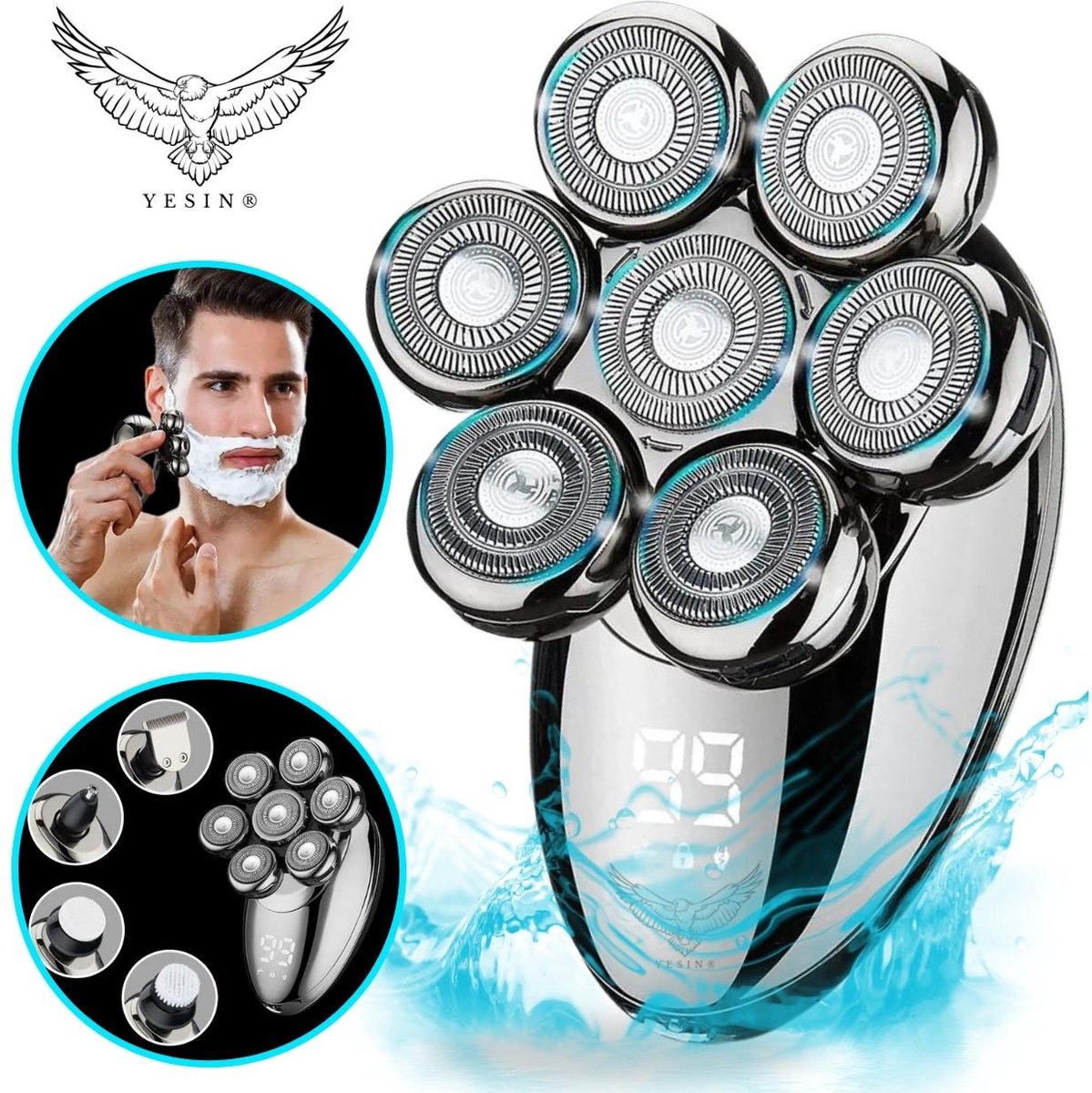 YESIN® 9-in-1 Scheerapparaat Mannen - Electric Shaver - Baardtrimmer - Neustrimmer - Skull Shaver - Gezichtsmassage - Gezichtsreiniger - Bodygroomer - Draadloos - Nat & Droog - Hoofd Kaal Scheren