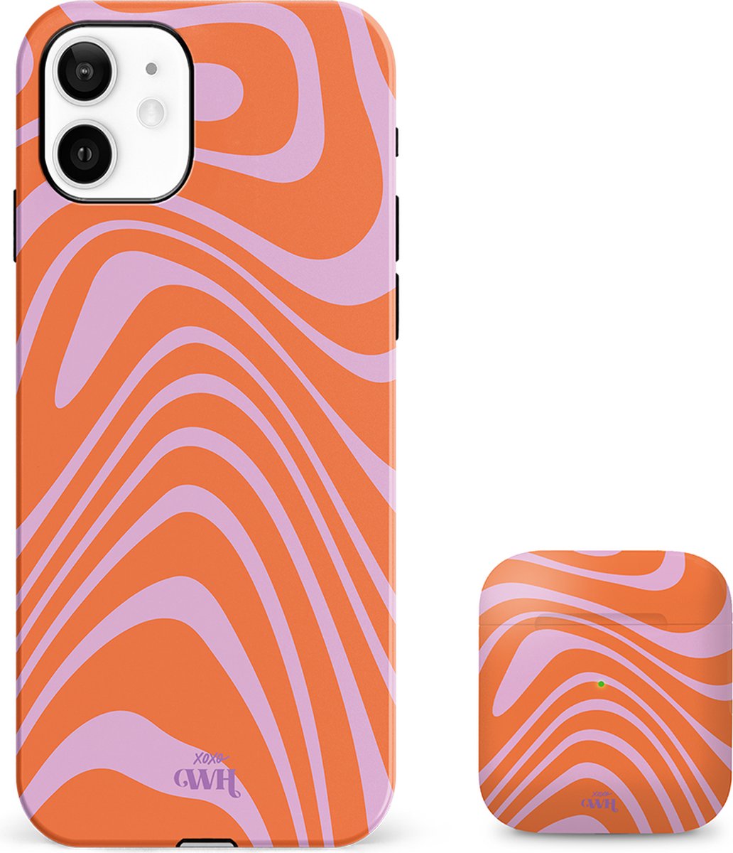 xoxo Wildhearts siliconen hoesje + AirPods 1/2 hoesje - Geschikt voor iPhone 12 en AirPods 1 en 2 - Boogie Wonderland Orange - Double Layer telefoonhoesje - Oranje - Roze - Hoesje met print