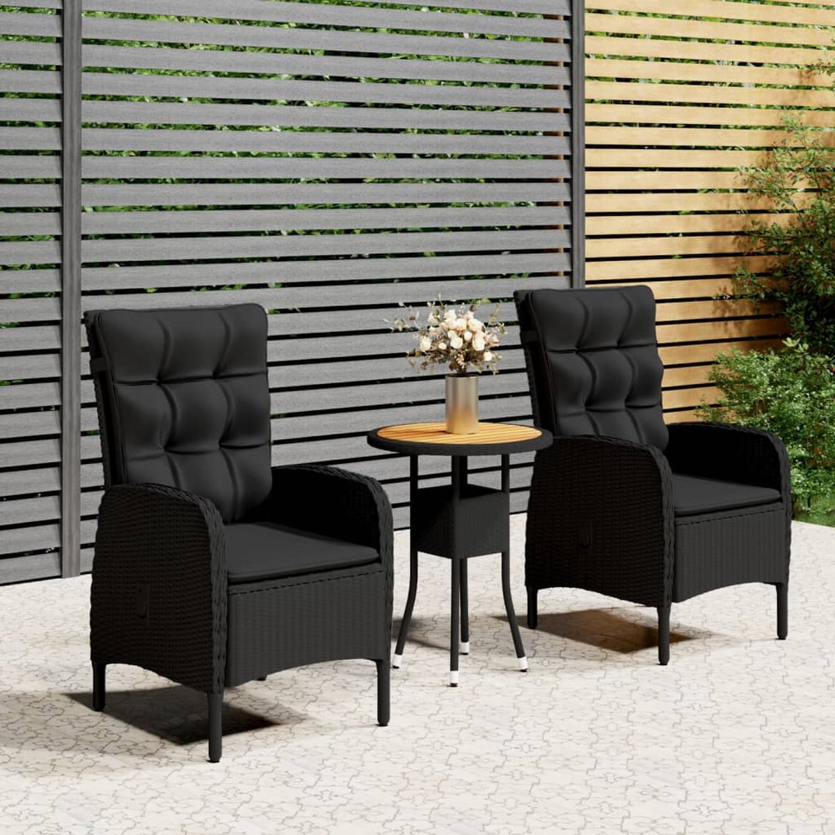 The Living Store 3-delige Tuinset poly rattan zwart - Tuinmeubel - Bistroset - Buitentafel - Lounge Set - Poly Rattan