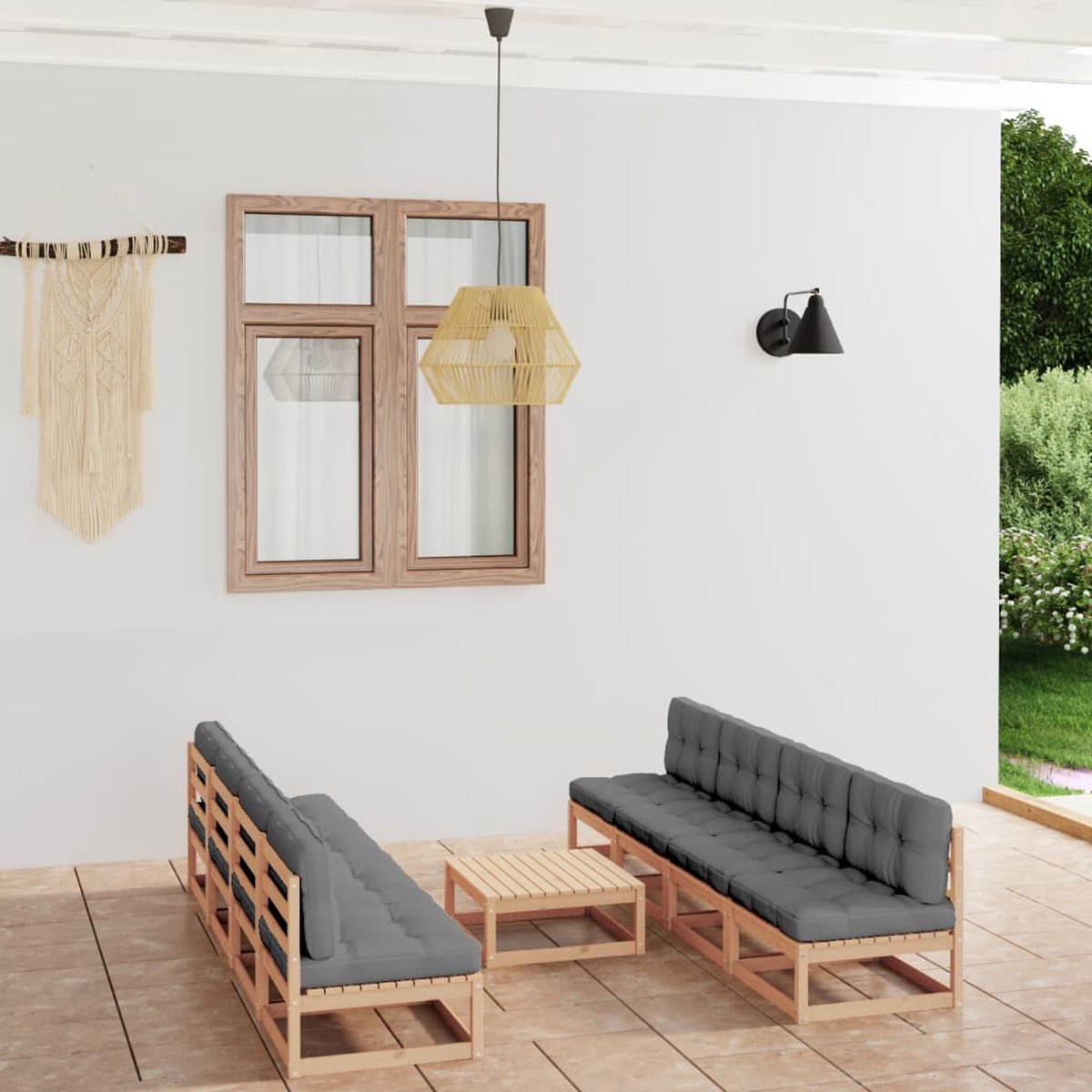 The Living Store 9-delige Loungeset met kussens massief grenenhout - Tuinmeubel - Lounge Set - Buitenkamer - Houten Bank - Grijze Loungestoel