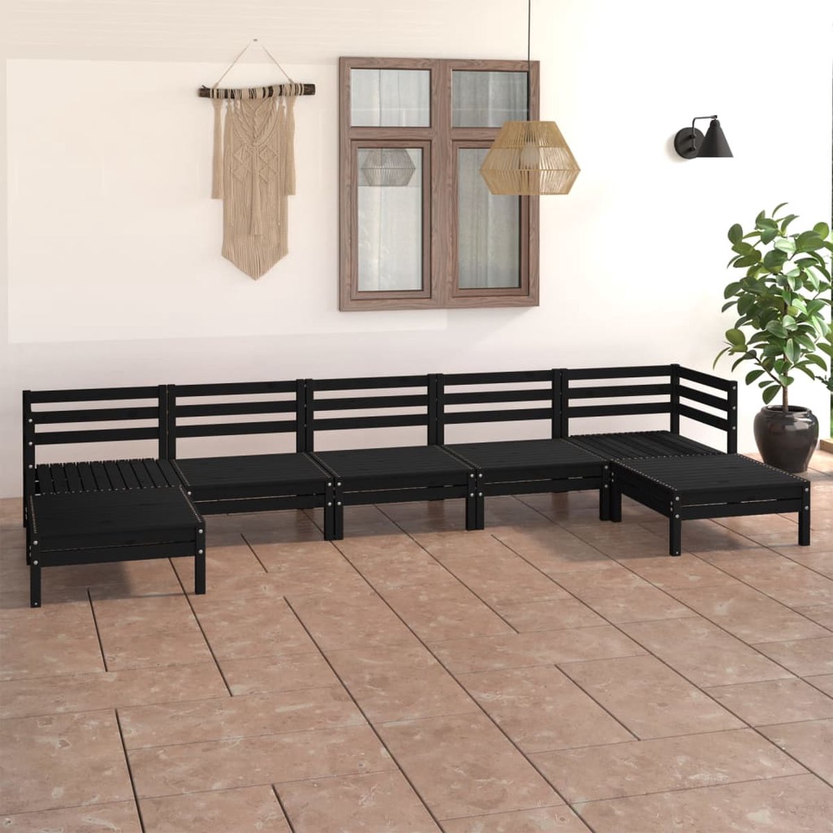 Zwarte loungeset van massief grenenhout met 7 delen - The Living Store.