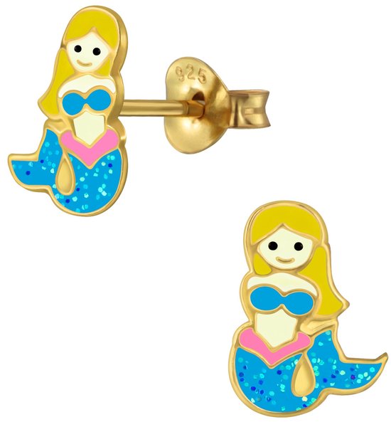 Joy|S - Zilveren zeemeermin oorbellen - glitter blauw - 14k goudplating