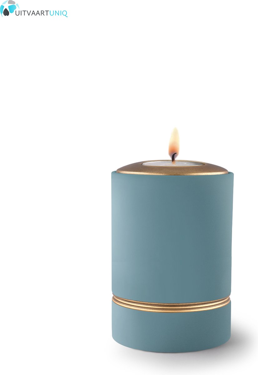 Mini asbus urn turkoois met herdenkingslichtje - keramiek