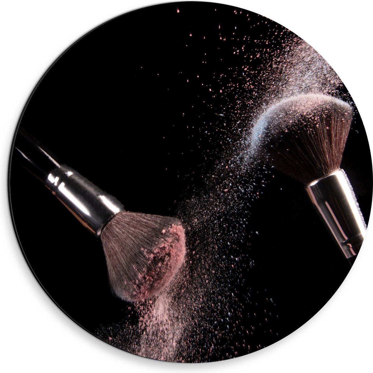 Dibond Muurcirkel - Kwasten - Makeup - Poeder - Verspreid - 30x30 cm Foto op Aluminium Muurcirkel (met ophangsysteem)