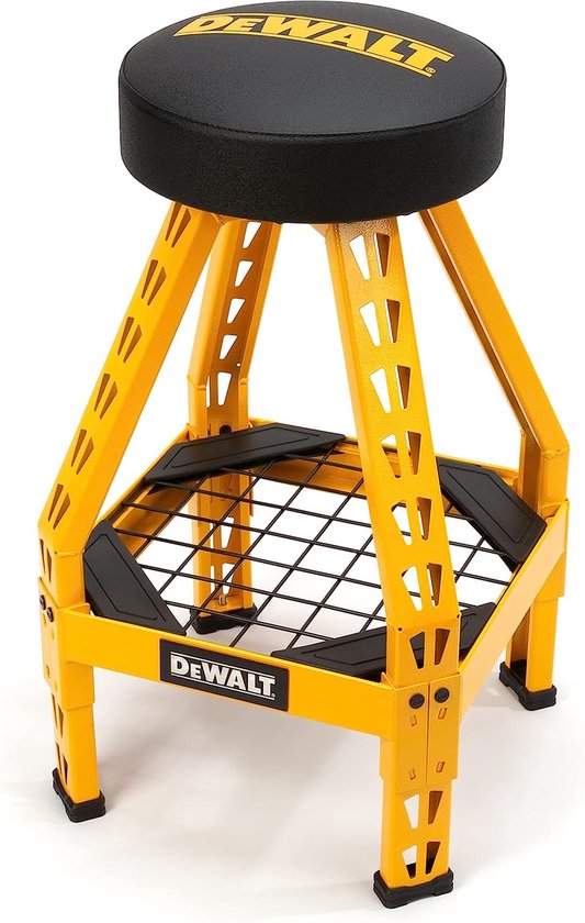 Foto: Dewalt werkplaatskruk dxstfh030 werkkruk max 135kg 360 graden draaibaar krasbestendige zitting bestand tegen roest corrosie staal geel zwart