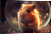 Dibond - Hamster staat voor glazen bol met oranje gloed op zijn vacht - 90x60 cm Foto op Aluminium (Met Ophangsysteem)