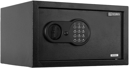 Zwarte kluis met digitaal toetsenbord en draaiknop. Het merk SECURATA is zichtbaar.
