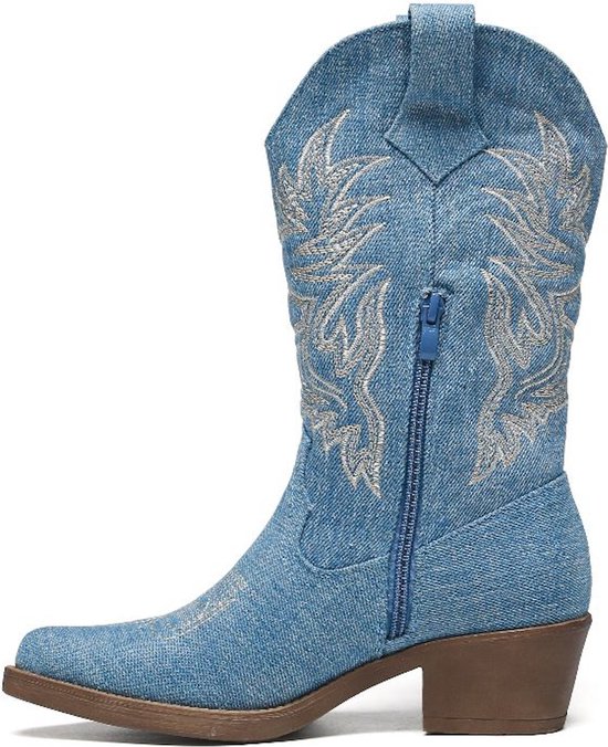 SmileFavorites® Dames Cowboylaarzen met Hak - Blauw - Stof - Maat 41