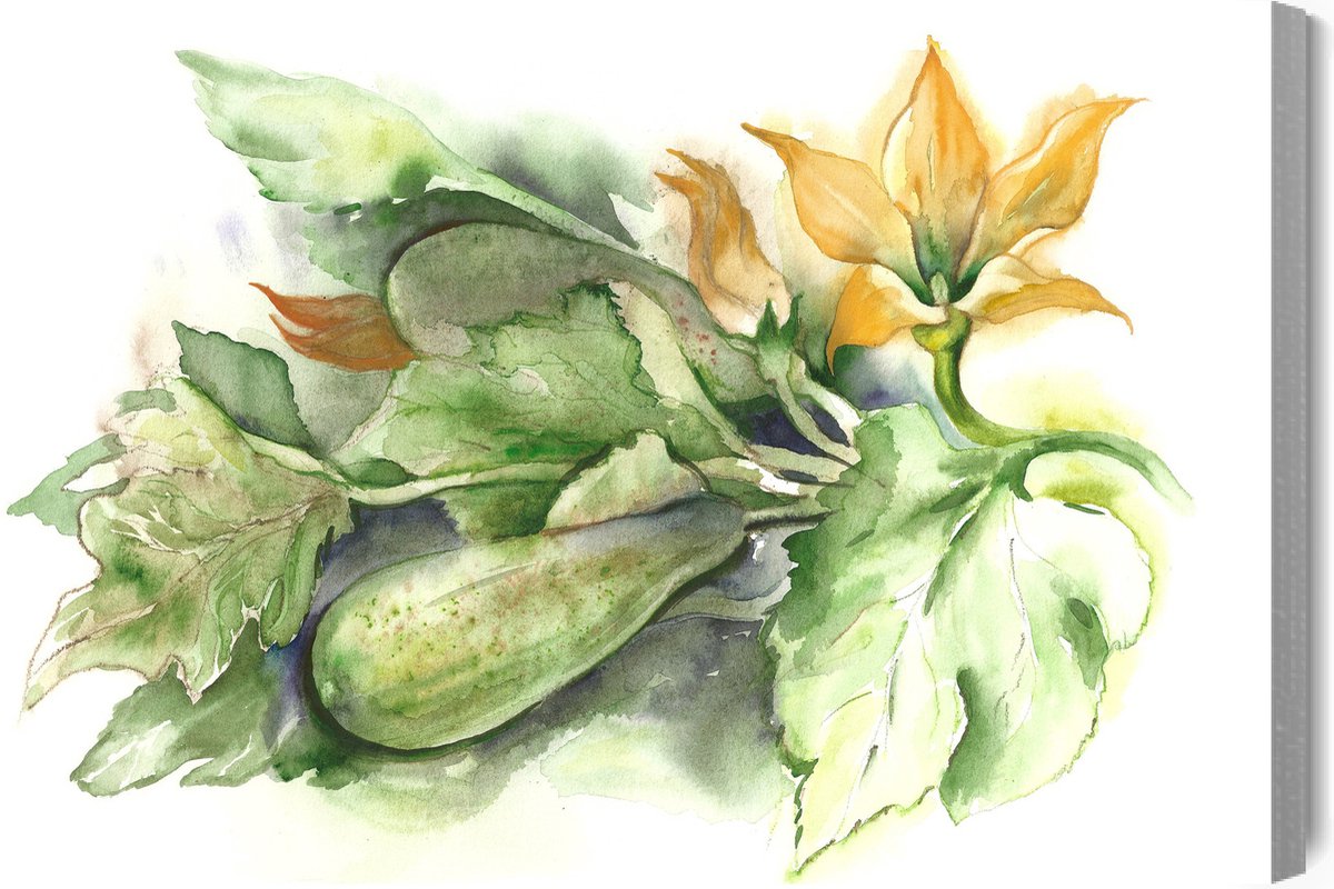 Schilderijkoning - Canvas Schilderij Courgette Met Bloemen Geschilderd Met Waterverf - 40 x 30 cm