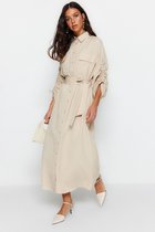 Trendyol robe chemise à col plissé/à volants robe chemise en coton tricoté beige avec manches détaillées réglables et ceinture TCTSS23EB00365