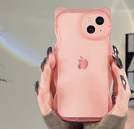 Foto: Rebus hoesje voor iphone 11 pixie flexibele tpu mooie doorzichtige schokbestendige behuizing met kattenoren erop en een opvallend golvend silhouet pink 