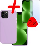 Hoes Geschikt voor iPhone 15 Pro Max Hoesje Siliconen Back Cover Case Met 2x Screenprotector - Hoesje Geschikt voor iPhone 15 Pro Max Hoes Cover Hoesje - Lila