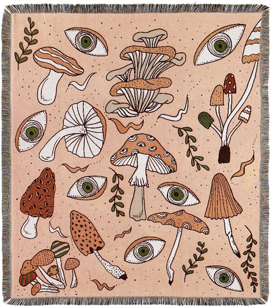 Geweven kleed met paddenstoelen - jacquard deken met print - paddenstoelen/ogen - licht oranje - 130 x 150 cm - STUDIO Ivana